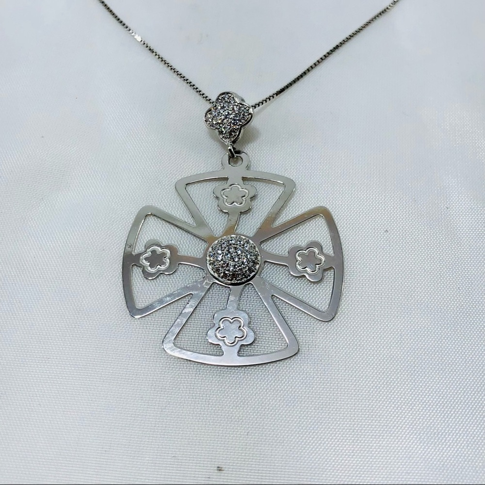 925 Sterling Silver Necklace Chain 19” Big Pendant White CZ Turkish Handmade